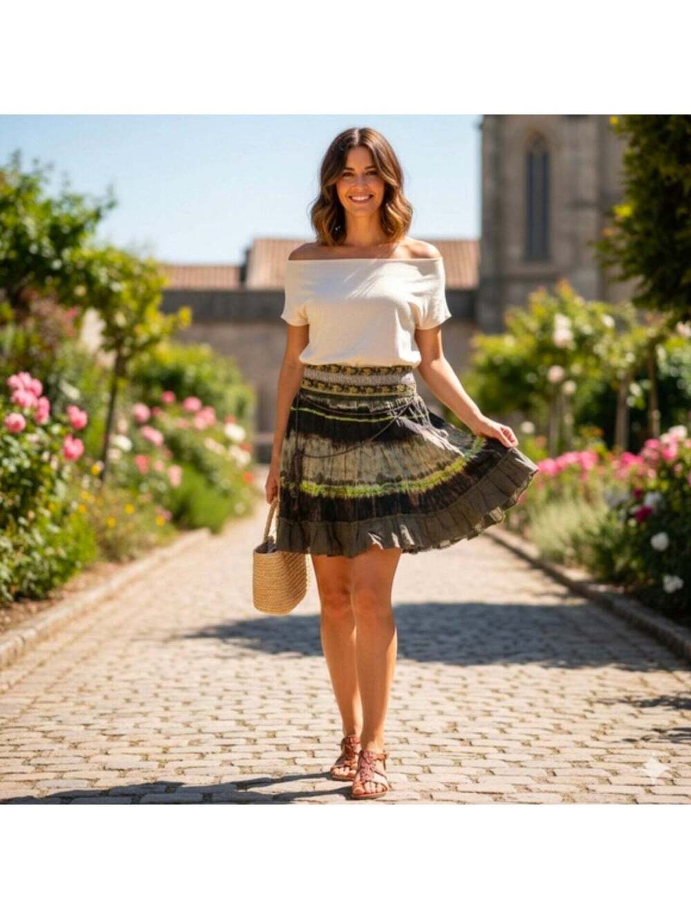 Free People Tie Dye Tiered Boho Mini Skirt Olive Size L Pre-Loved